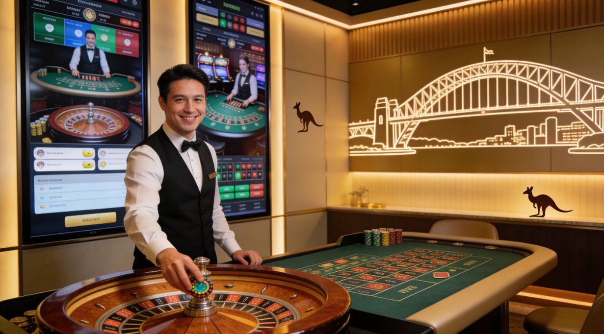 Roulette table with professional live dealer and digital live casino interface for Aussie players