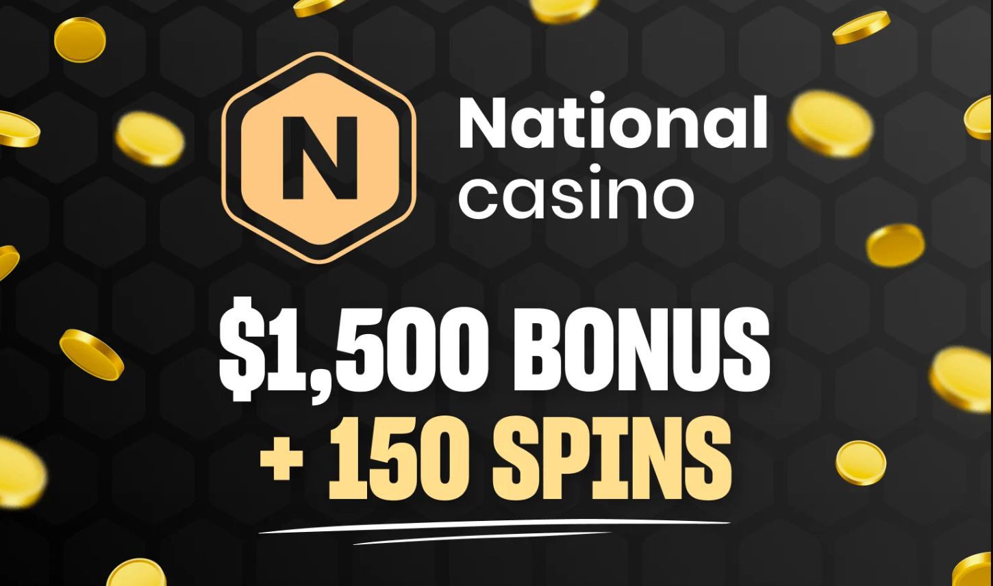 National Casino welcome bonus promotion for Australian pokie players featuring $1,500 bonus and 150 free spins with online pokies and casino graphics