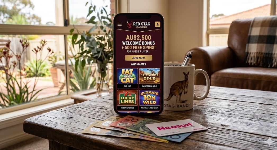 A smartphone on a rustic wooden table displaying the Red Stag Casino mobile site with an AU$2,500 welcome bonus and WGS games like Fat Cat, alongside a Neosurf card, Australian banknotes, and a kangaroo mug in a cozy home setting.