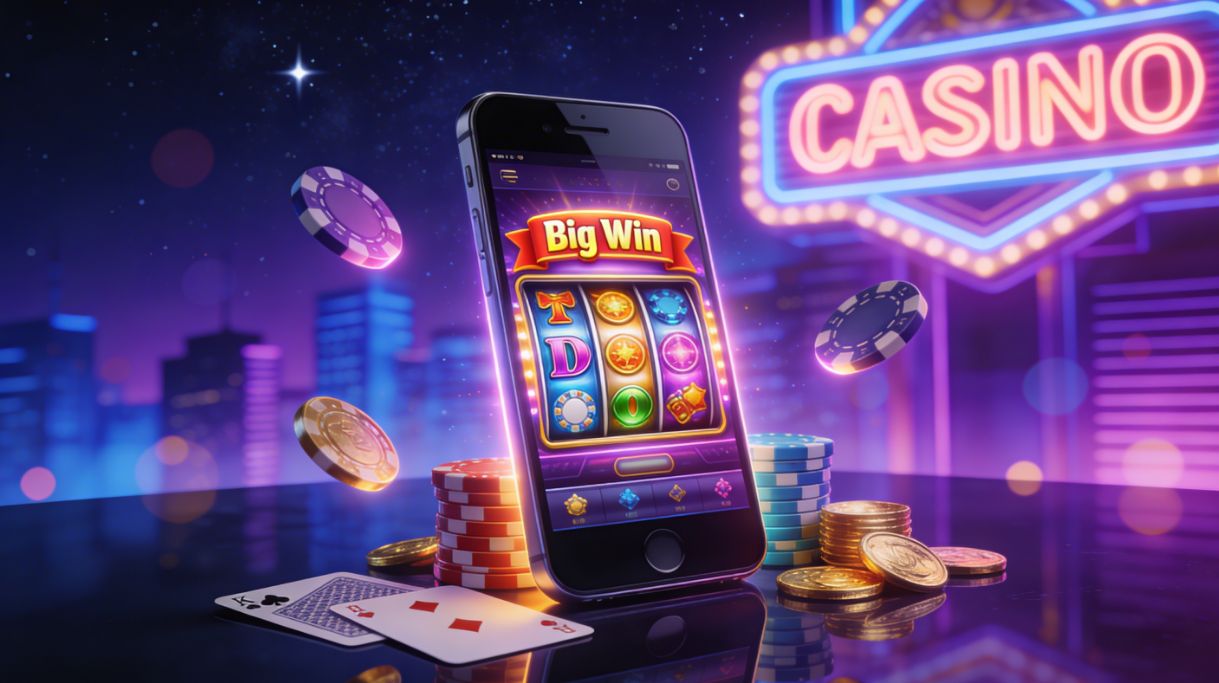 Neon themed online casino scene with a smartphone showing pokies reels, glowing chips and cards for Aussie players referring to Uptown Pokies