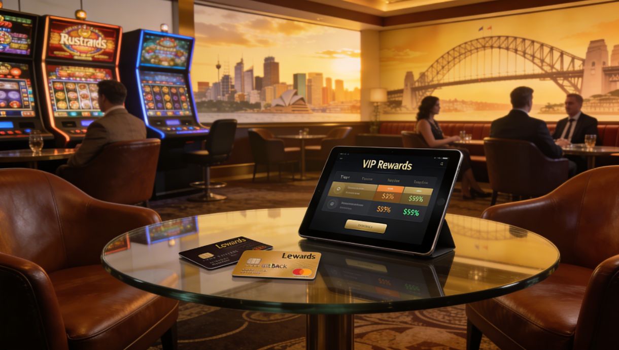 Modern VIP casino lounge with leather armchairs and a tablet displaying online casino loyalty levels