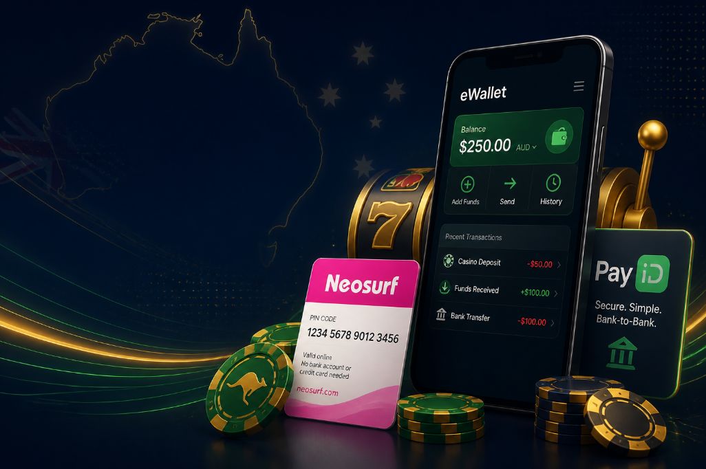 Modern Australian casino banking banner showing a smartphone e-wallet screen, Neosurf-style prepaid voucher and PayID bank transfer icon on a dark navy background.